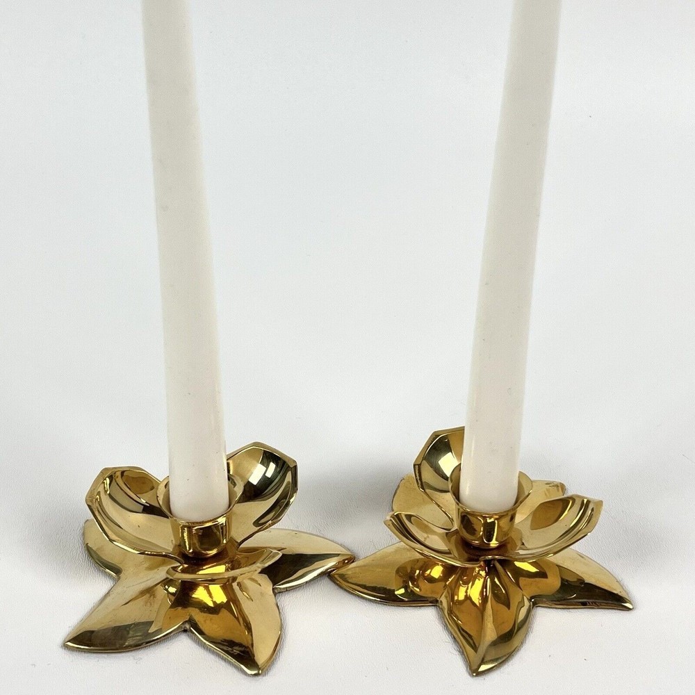Pair of Vintage Brass Lotus Flower Candle Holders 1970s/80s Cottagecore Boho Dec